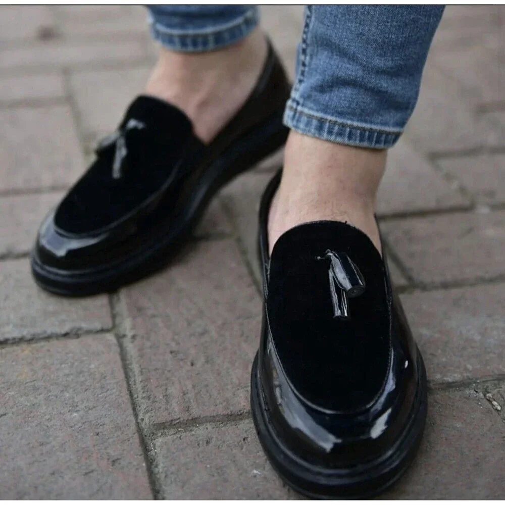 Black Patent Leather Tassel Loafer Slip-On Ram&Rock Dress Shoes US M 10.5/W 12
